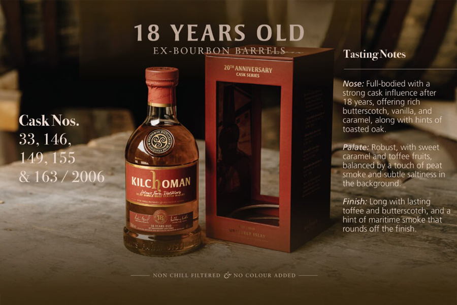 Kilchoman 18 Years Old bùng nổ với lớp hương nồng ấm, nổi bật với hương butterscotch béo ngậy, vanilla mịn màng, caramel thơm ngọt và thoảng nhẹ mùi gỗ sồi nướng