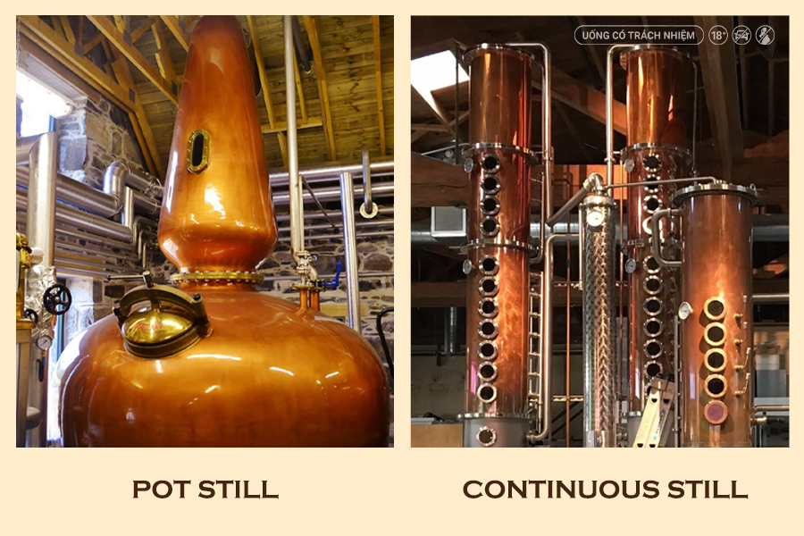 Single Malt chủ yếu được chưng cất bằng nồi đồng truyền thống (Pot Still), trong khi Grain Whisky sử dụng hệ thống chưng cất liên tục để tạo nên phong cách nhẹ nhàng hơn cho Blended Whisky.