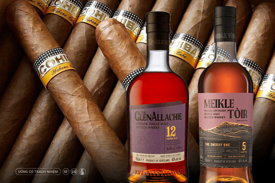 GlenAllachie 12 và Meikle Tòir The Sherry One - gợi ý whisky kết hợp xì gà trung bình